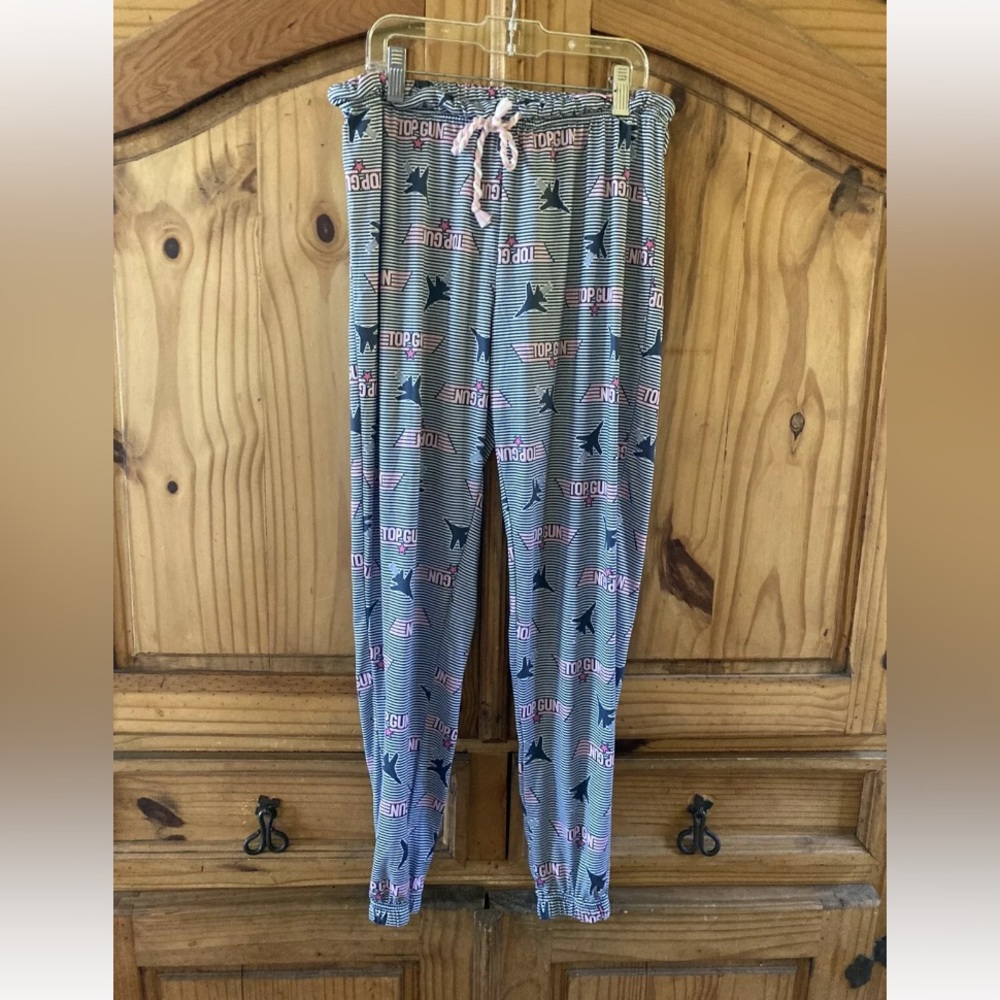 Women’s Top Gun fighter jet gray pink striped jogger lounge pants size XS